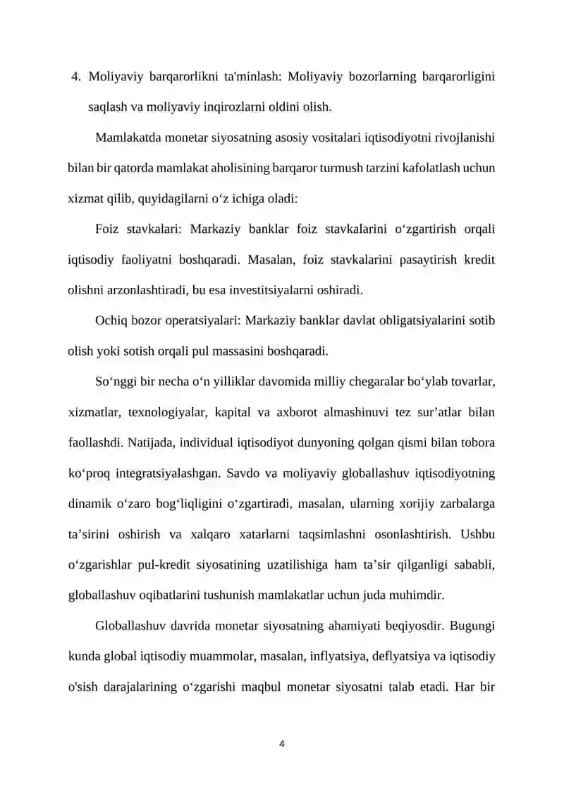 Monetar siyosatining maqsadi, maqsadi ko'rsatkichlari va asosiy yo'nalishlari 4
