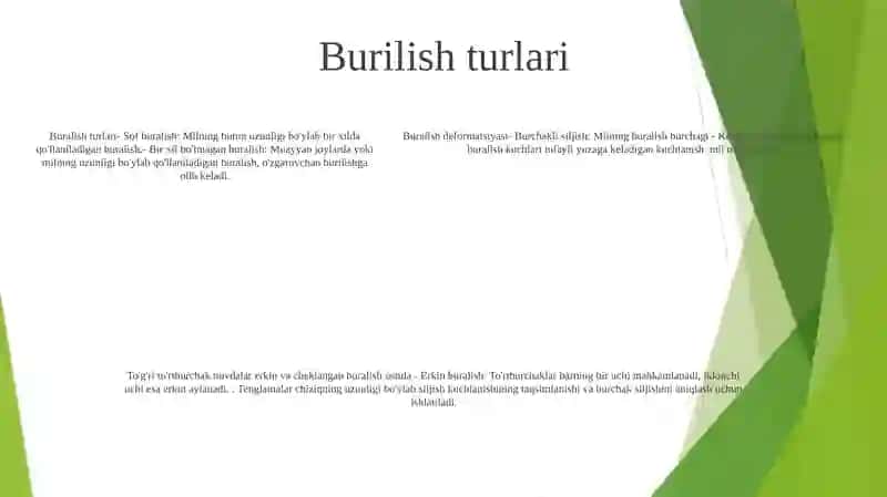 Buralish Deformatsiya.ToʻGʻRi ToʻRtburchak Sterjenlarning Erkin Va Erkin BoʼLmagan Buralishi.Buralishda Kuchlanganlik Va Deformatsiya Holatlarining Tahlili 4