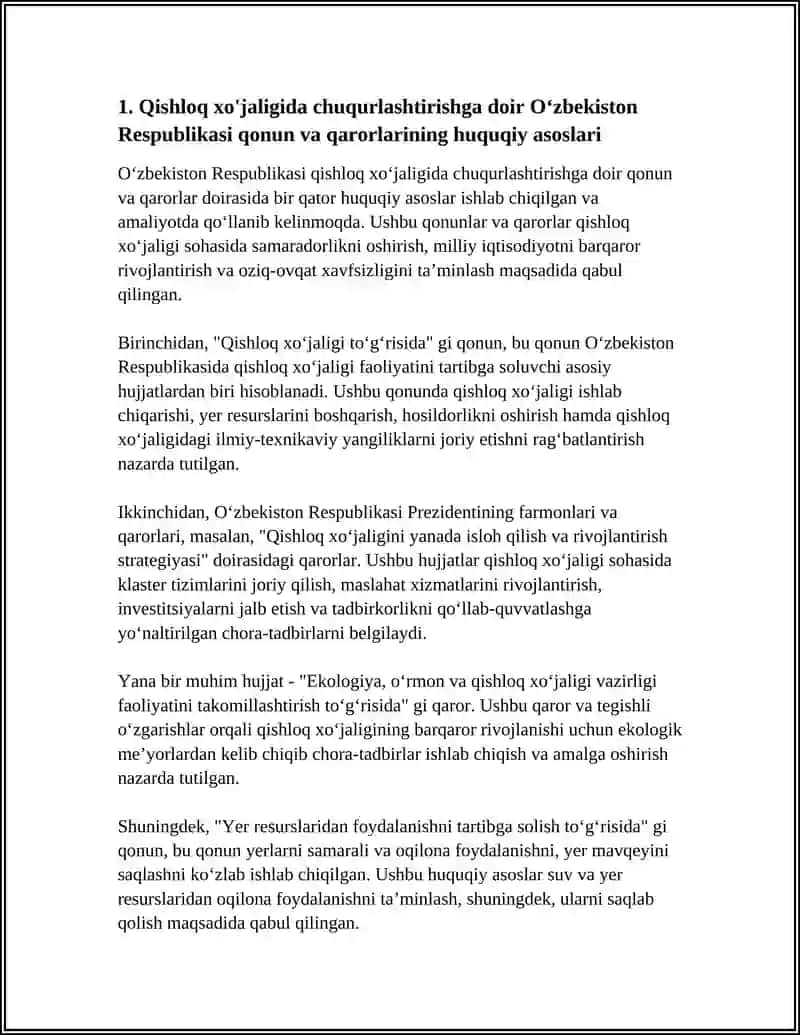 O‘ZBEKISTON RESPUBLIKASI QISHLOQ XO'JALIGIDA CHUQURLASHTIRISH BORASIDAGI QONUN VA QARORLARNI O'RGANISH VA ISHLAB CHIQARISHDA QO‘LLASH 4