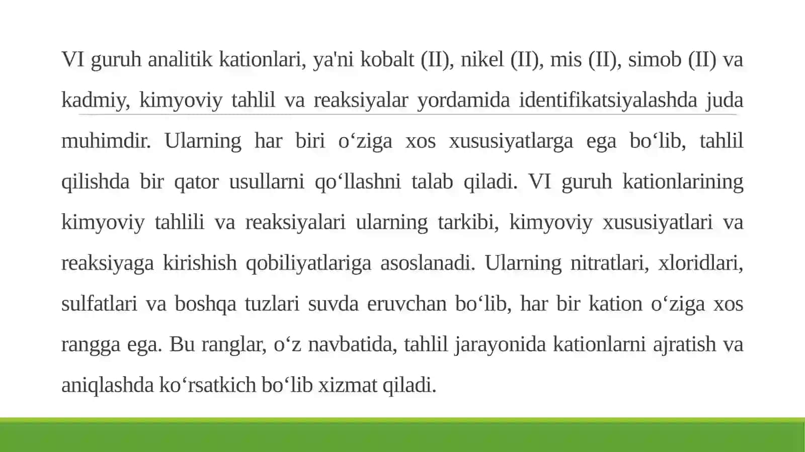 VI analitik guruh kationlarining umumiy tavsifi va guruh reagent ta'siri 4