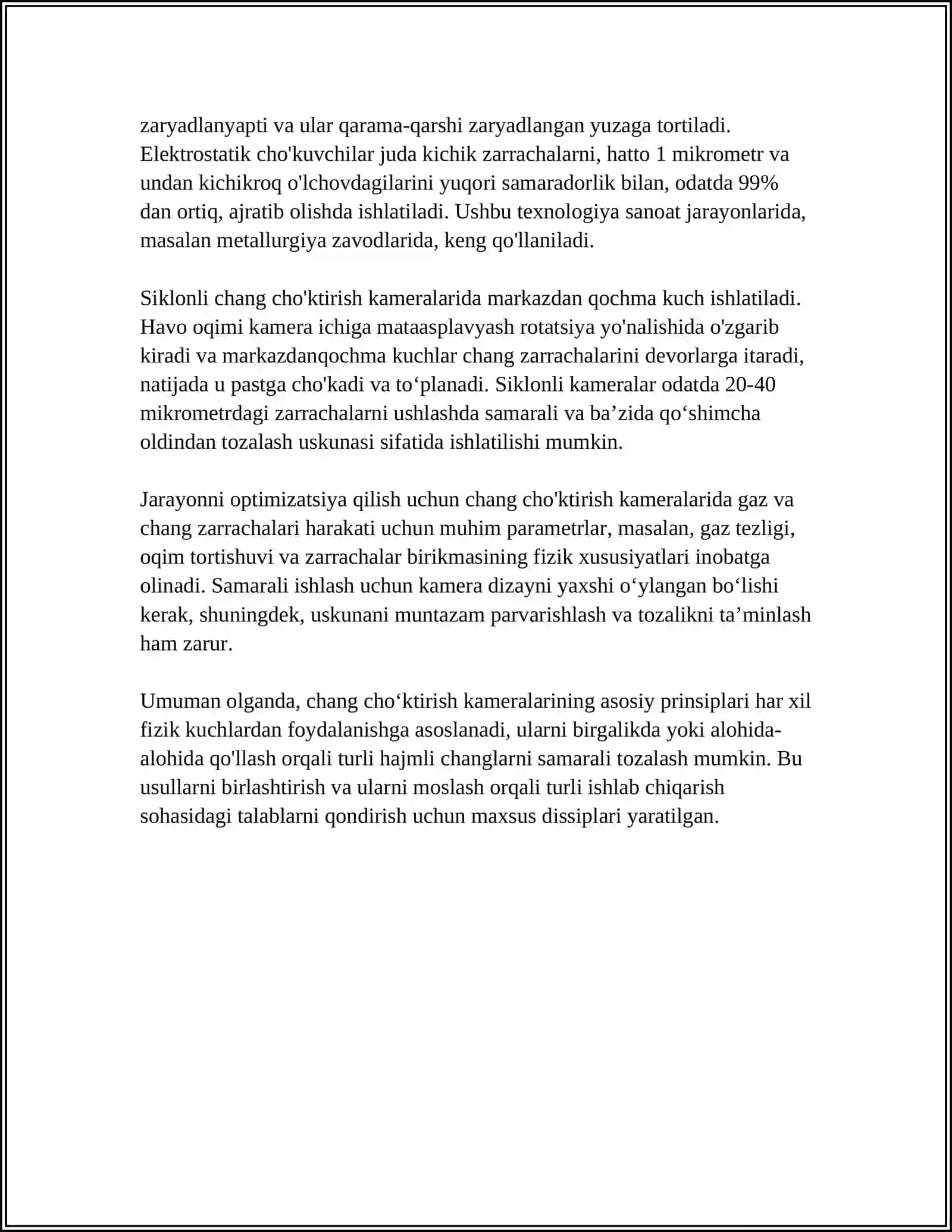 GAZLARNI CHANGDAN TOZALASH.GAZ TOZALAGICH TURLARI:CHANG CHÕKTIRISH KAMERALARI,SILIKONLAR,GAZ YUVISH KAMERALARI,FILTIRLAR,ELEKTROFILTIRLAR 4