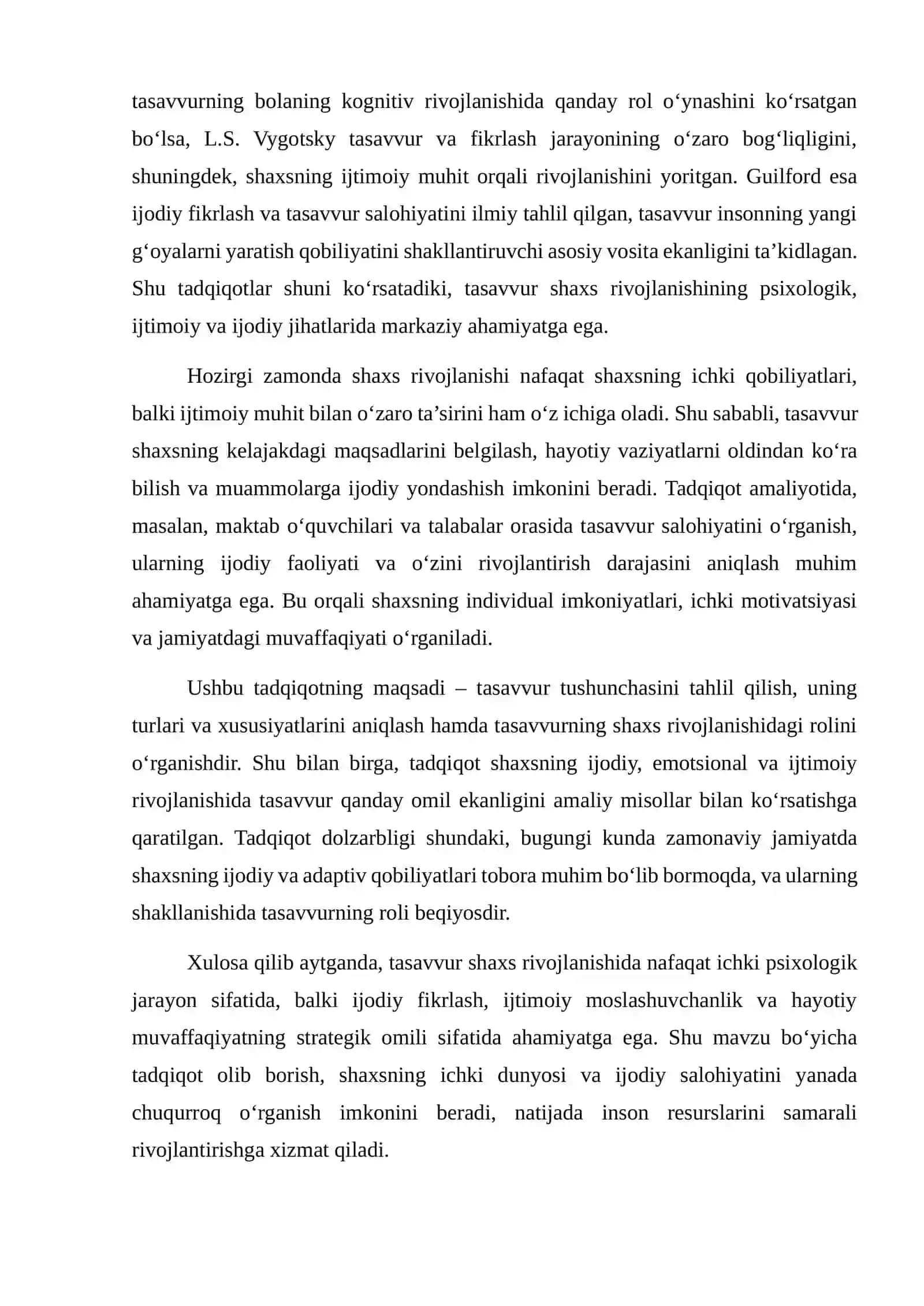 Tasavvur va uning shaxs rivojlanishidagi ro’li kurs ishi 4