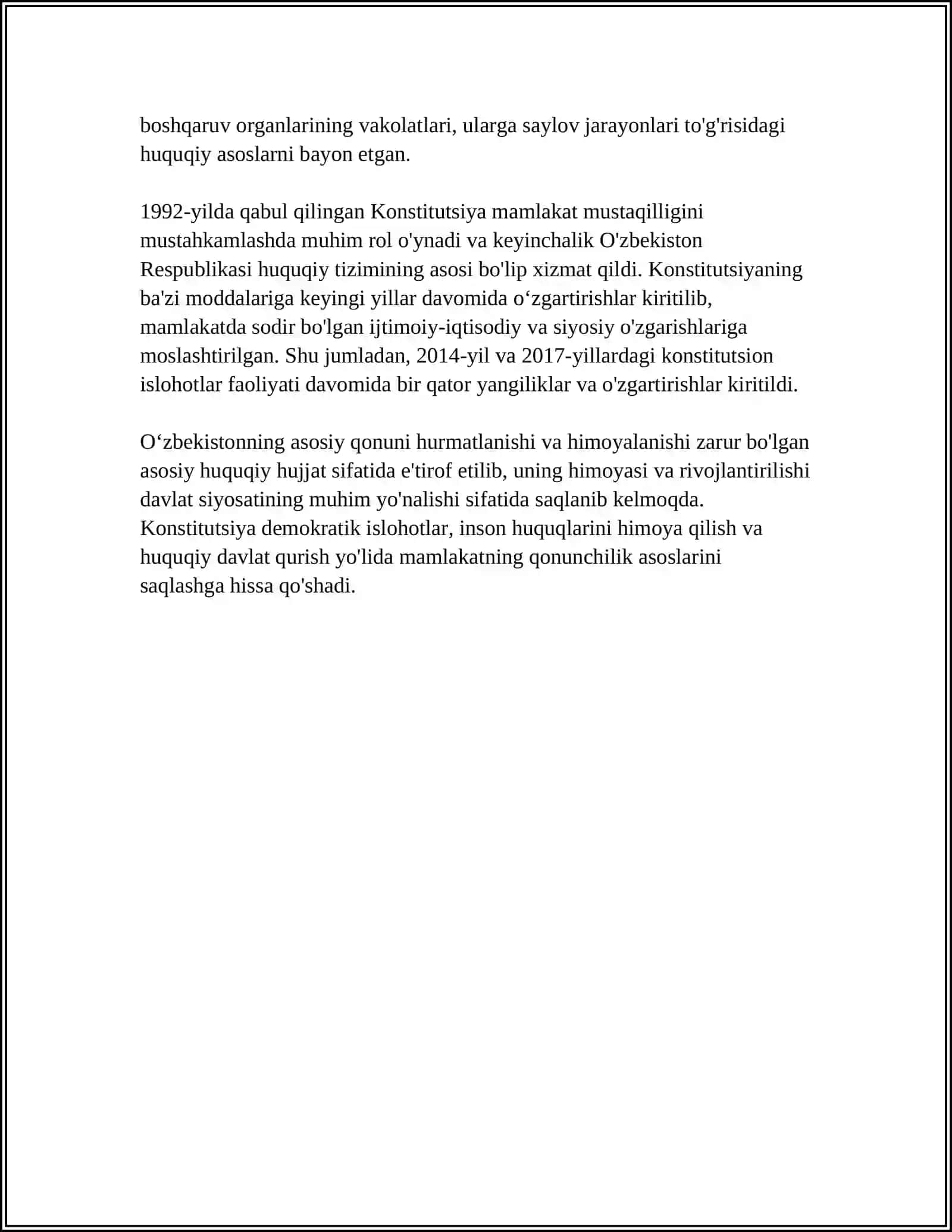 MUSTAQIL ISH Mavzu: ÒZBEKISTON RESPUBLIKASI KONSTITUTSIYASI VA YANGILANGAN KONSTITUTSIYA 4