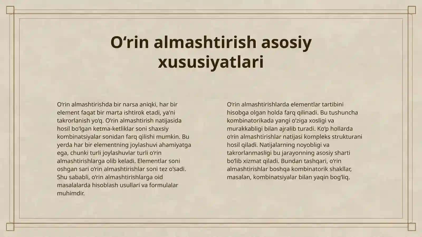 TAKRORLANMAYDIGAN O'RIN ALMASHTIRISHLAR 4