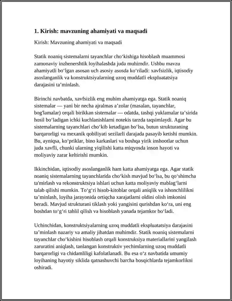 STATIK NOANIQ SISTEMALARNI TAYANCHLAR CHO‘KISHIGA HISOBLASH. (REFERAT YOZISH) 4