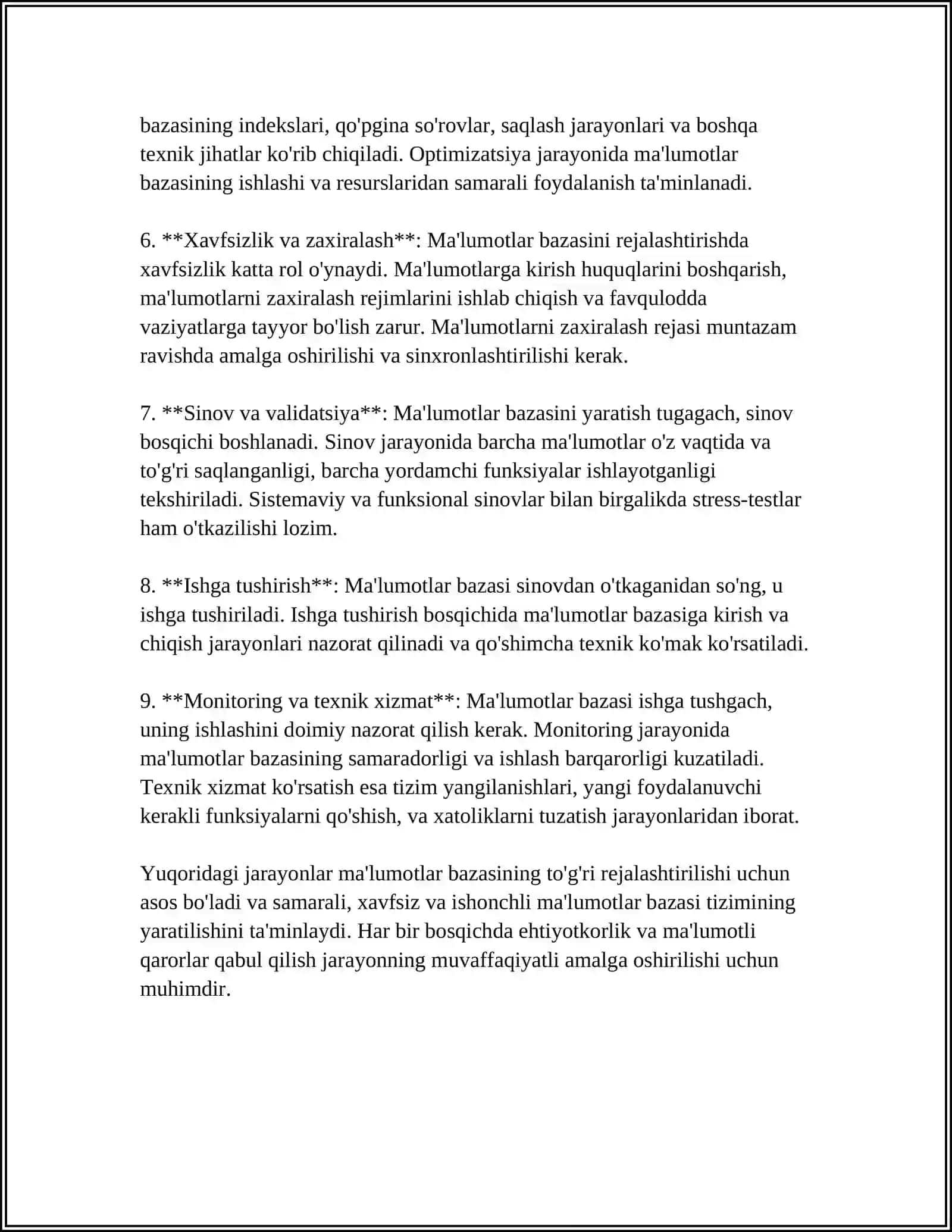 MAʼLUMOTLAR BAZASINI REJALASHTIRISH, LOYIHALASH VA ADMINISTRATORLASH MAVZUSIGA MUSTAQIL ISH 8 VAROQ REJASI 4