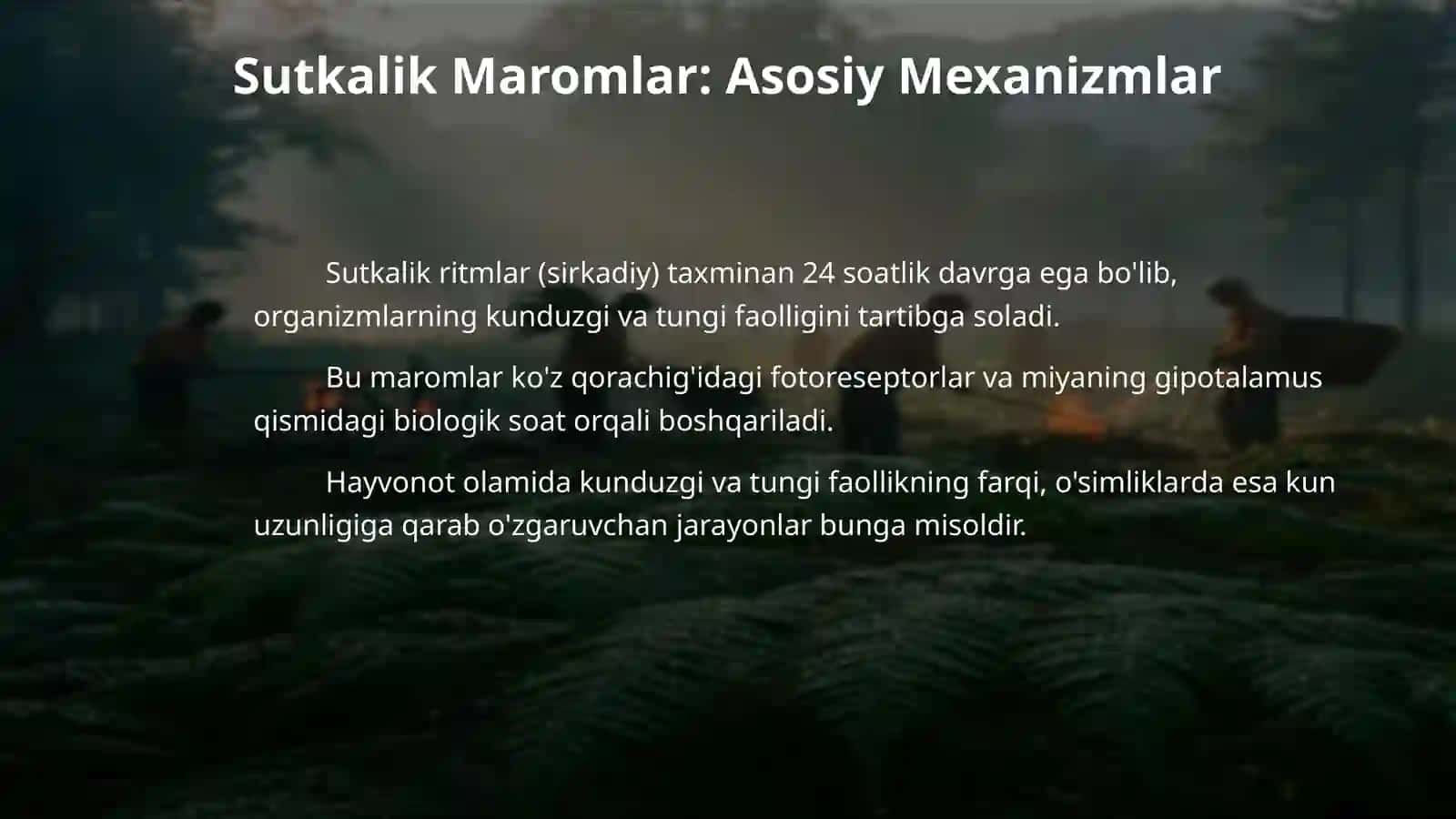 Biomaromlar va tirik organizmlarning hayotiy shakllari. Vaqt ekologik omili. O'simlik va hayvonlardagi sutkalik, oylik va yillik maromlari. 4
