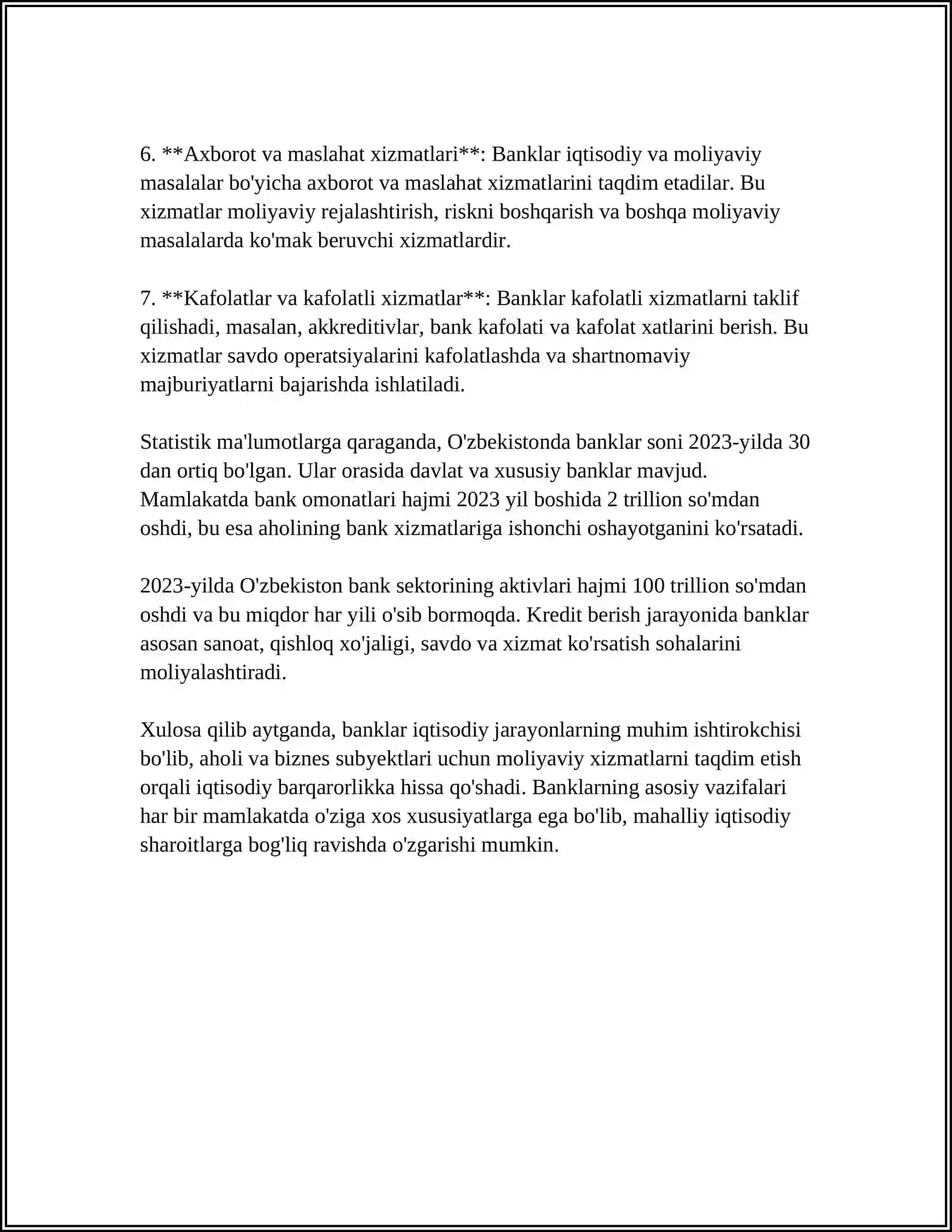 BANKLAR VA ULARNING BOZOR IQTISODIYOTIDAGI OʻRNI 4