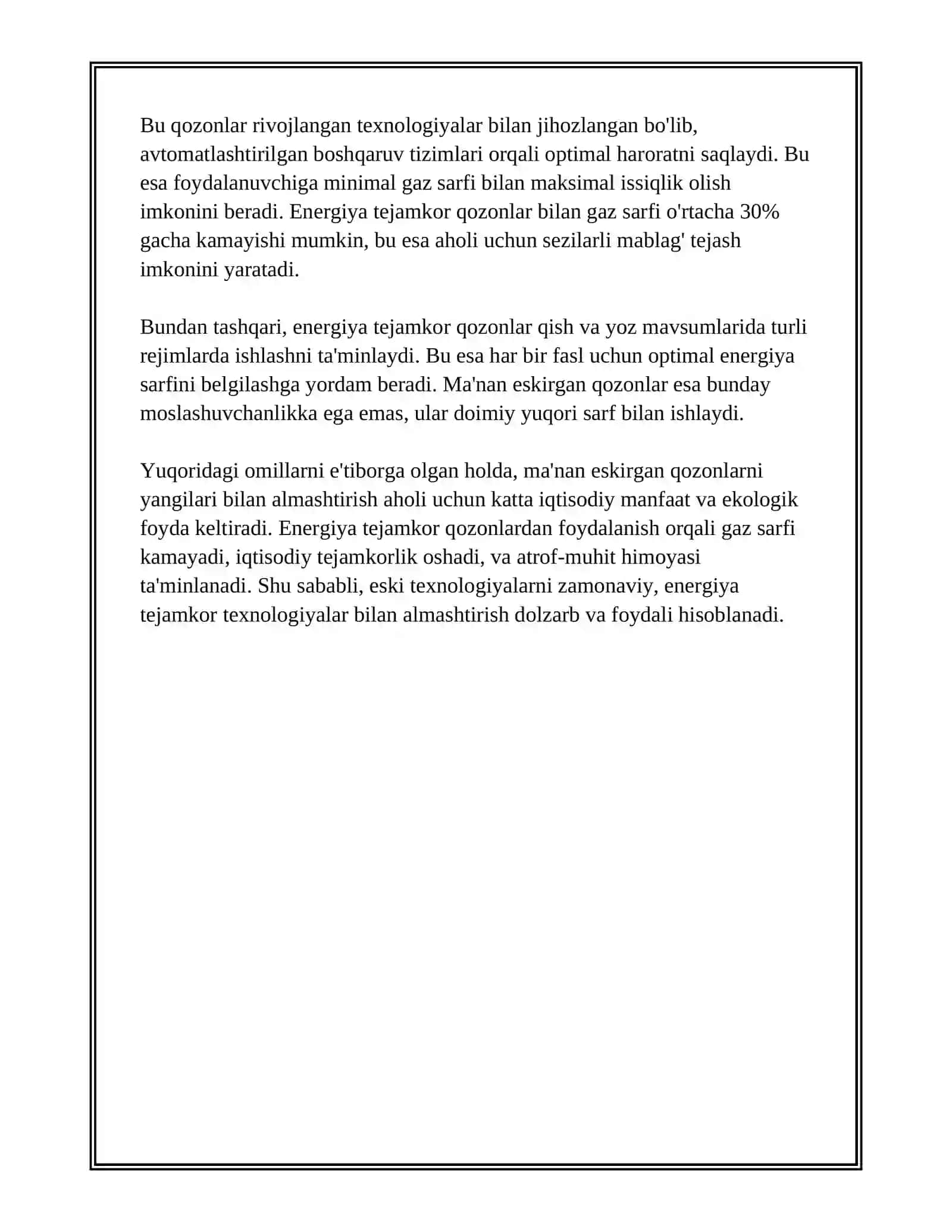 AHOLI HONODONLARIDAGI MA'NAN ESKIRGAN QOZONLAR ORNIGA ENERGIYA TEJAMKOR QOZONLAR O'RNATISH ORQALI GAZ SARFINI TEJASH 4