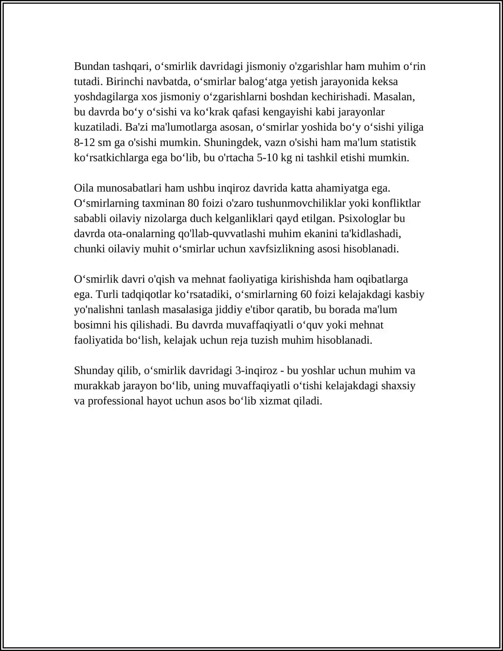 OʻSMIRLIK DAVRIDAGI PSIXIK RIVOJLANISHNING UMUMIY TASNIFI "3-INQIROZ" 4