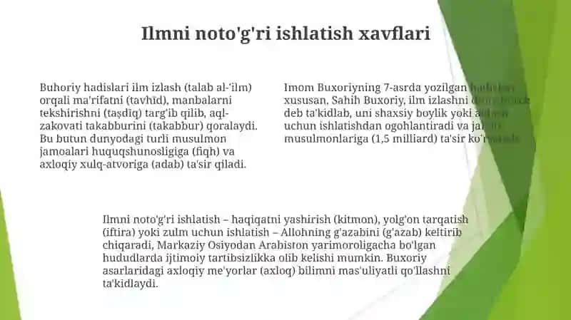Imom Buxoriy ilm maʼrifat haqidagi hadislarning axloqiy qarashlari 4