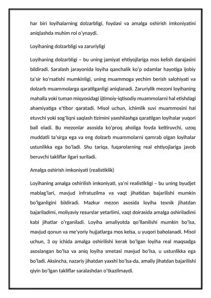 Tashabbusli byudjetlashtirish jarayonida  loyihalarni saralash mezonlari. 4