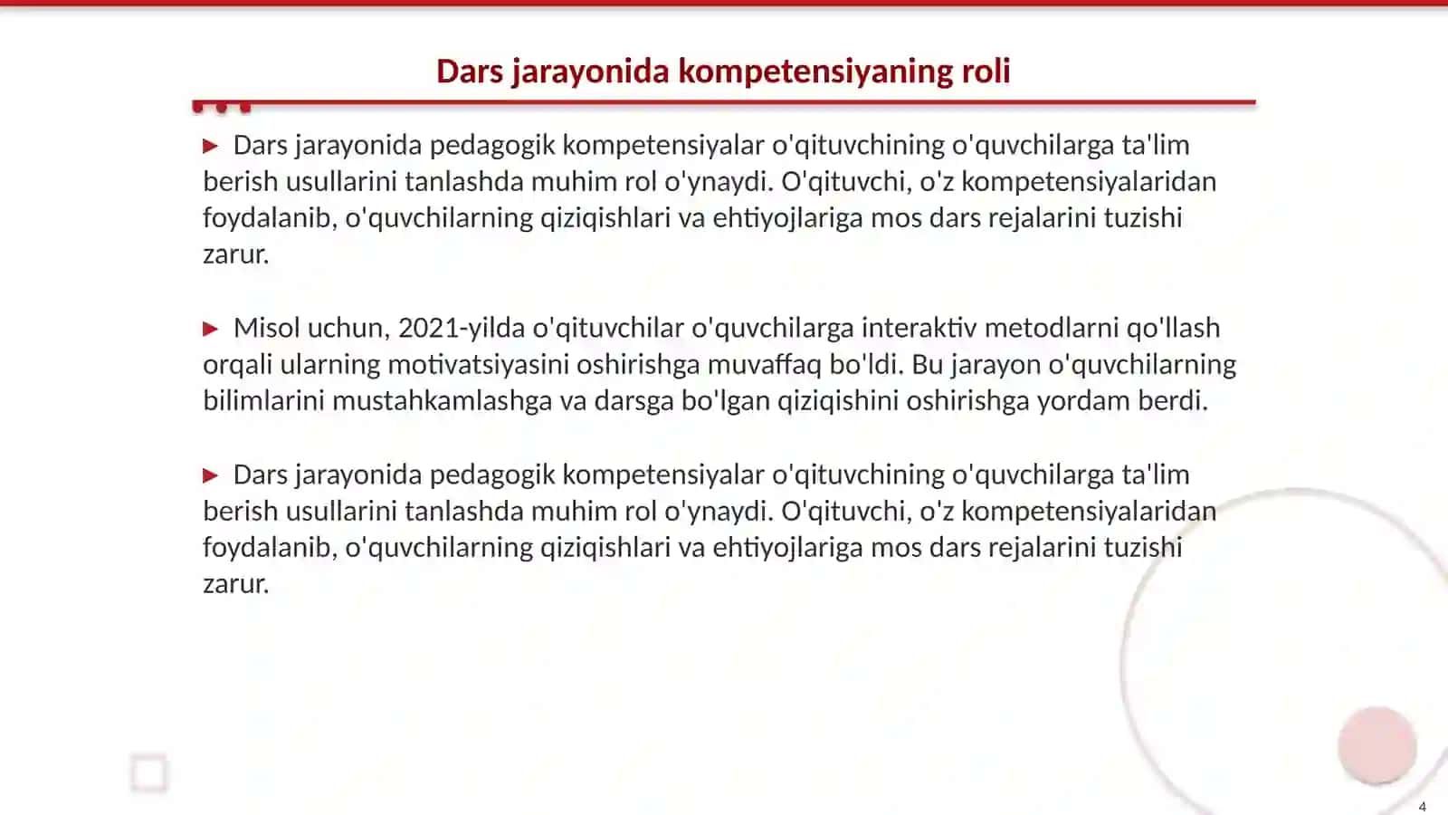 Dars jarayonini loyihalashda pedagogik kompetensiyadan foydalanish 4