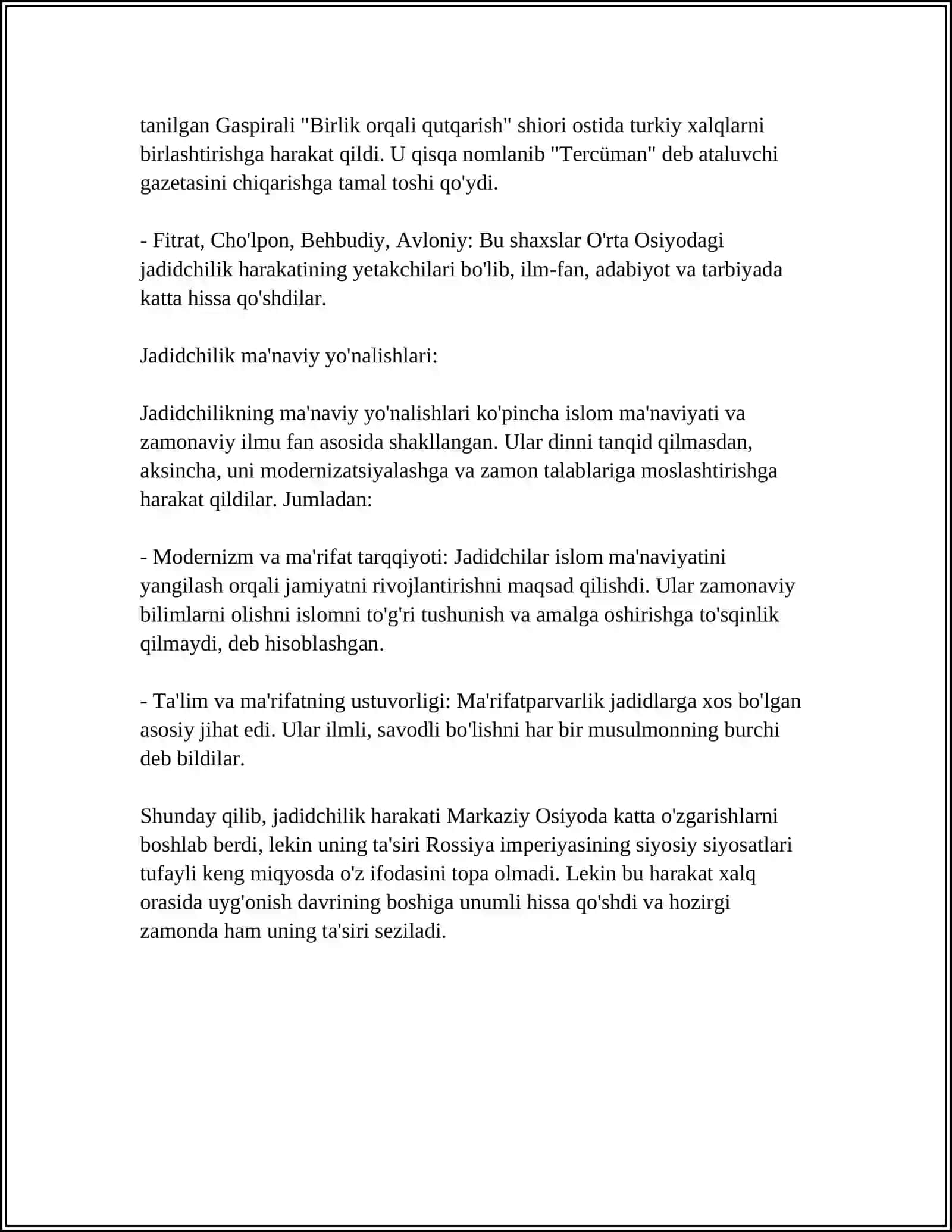 JADID MA'RIFATPARVARLARINING O'LKA IJTIMOIY- MA'NAVIY HAYOTIDA TUTGAN O'MI (MUNAVVAR QORI, FITRAT, BEHBUDIY, AVLONIY) 4