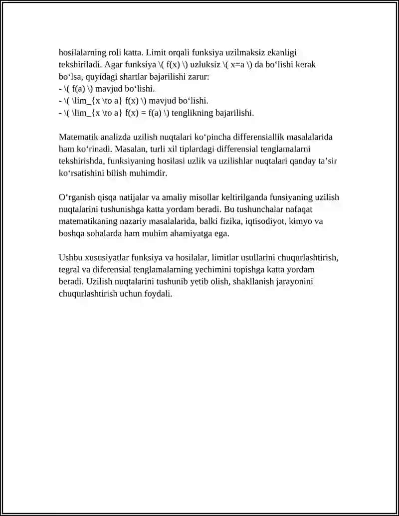 MUSTAQIL ISH Mavzu: FUNKSIYANING UZILISHI NUQTALARI VA ULARNING KLASSIFIKATSIYASI 4
