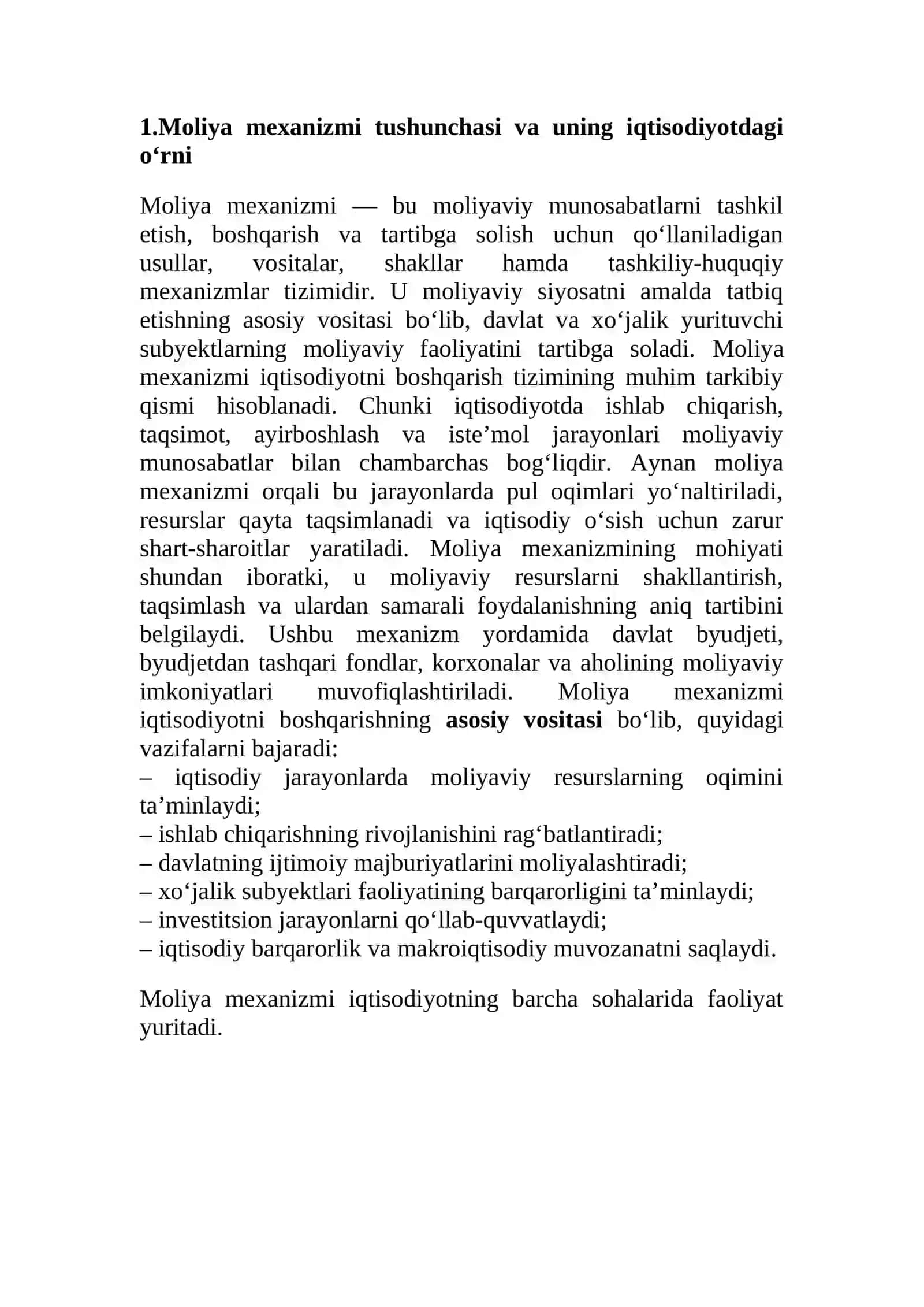 Moliya mexanizmi tushunchasi va uning iqtisodiyotdagi o‘rni 4