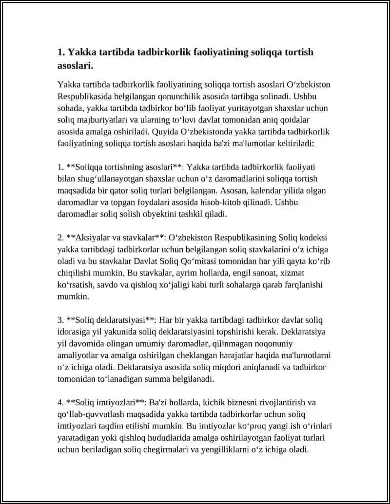 Yakka tartibda tadbirkorlik faoliyatining soliqqa tortish asoslari 4