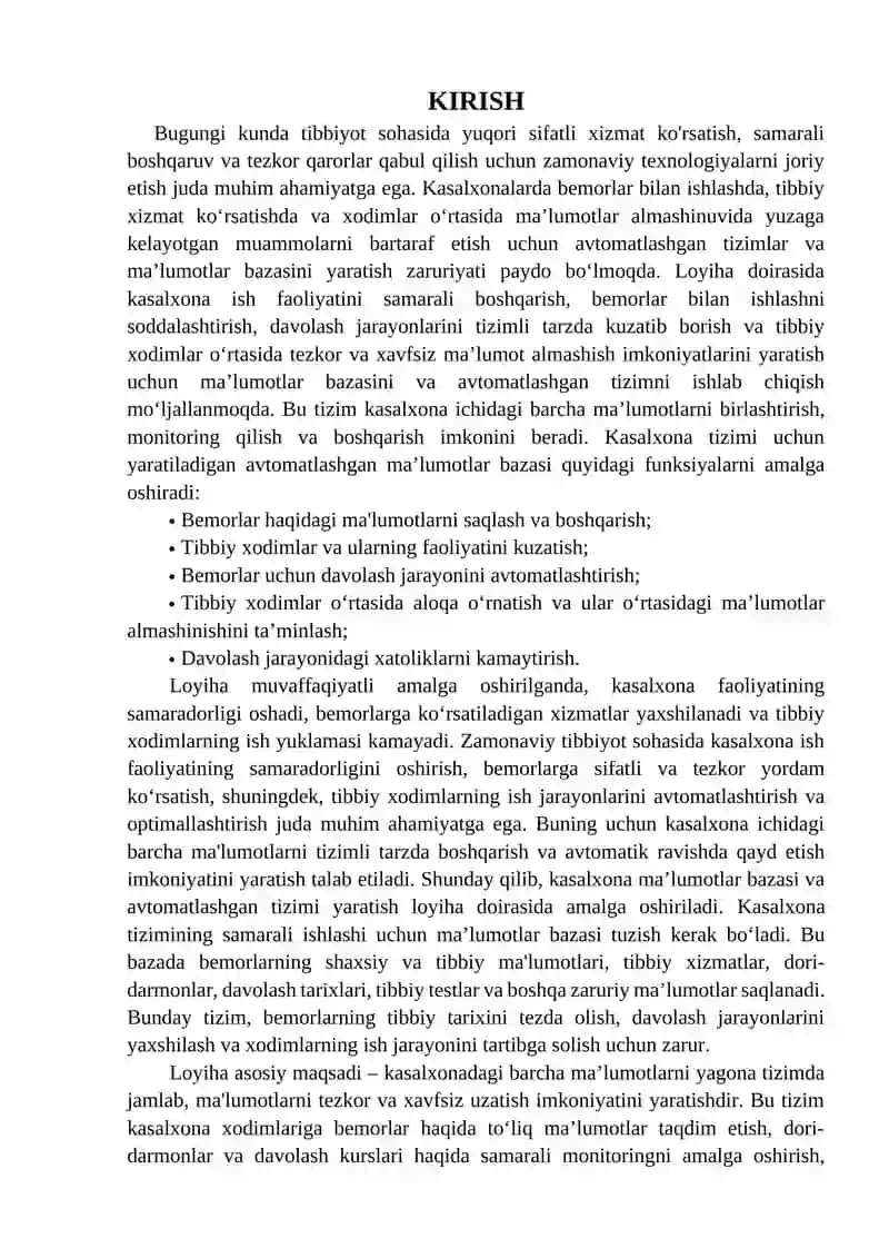 Kasalxona ma’lumotlar bazasini va avtomatlashgan Tizimni ishlab chiqish 4
