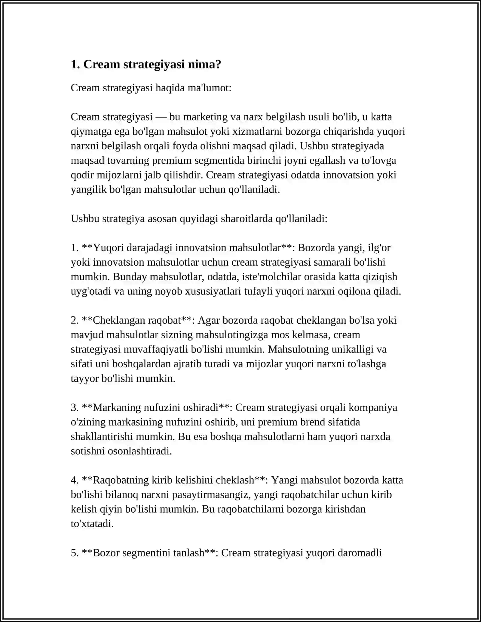 MUSTAQIL ISH Mavzu: CREAM STRATEGIYASI VA UNDAN SAMARALI FOYDALANISH 4