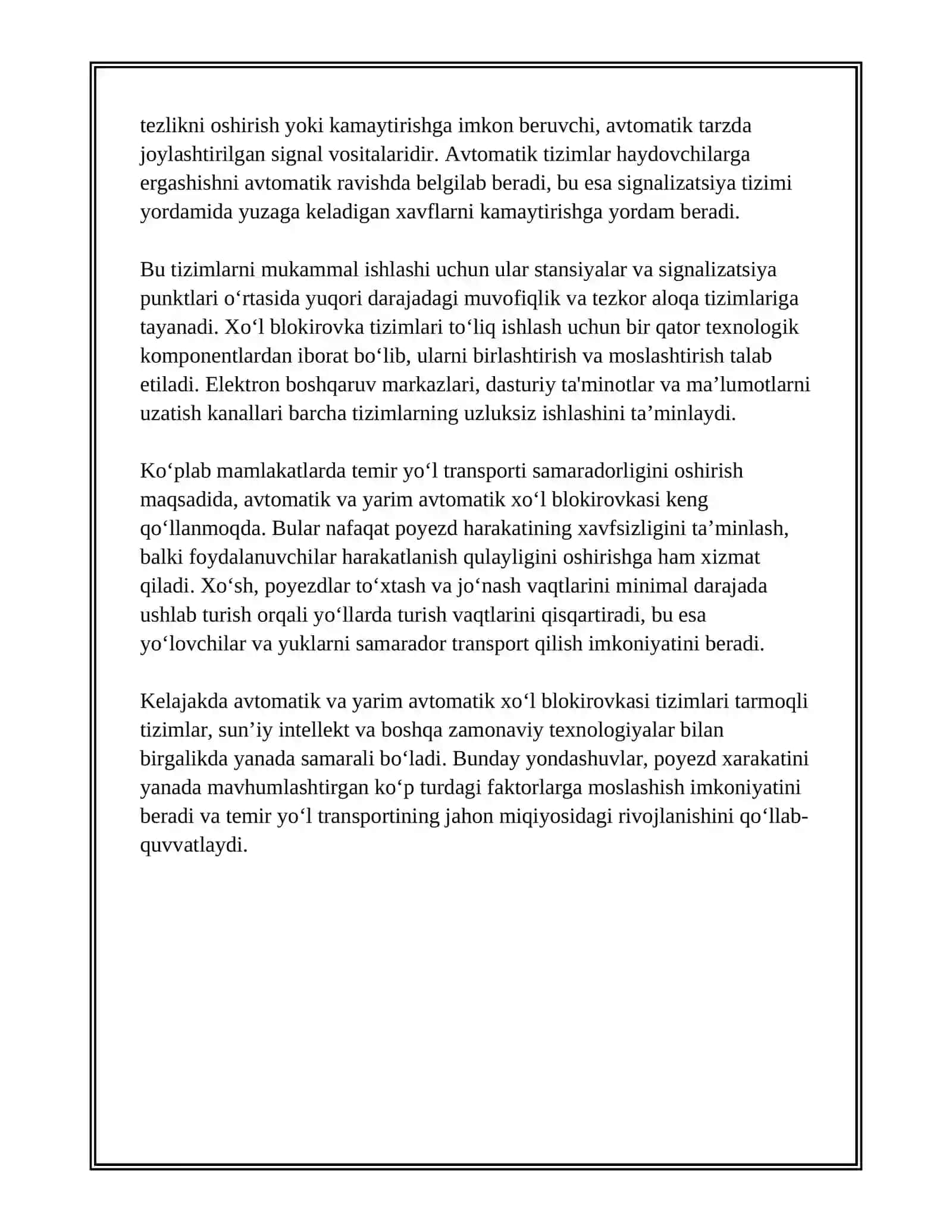 AVTOMATIK VA YARIM AVTOMATIK XO'L BLOKURORKASI. AVTOMATIK LEKOMATIV SIGNALIZATSIVASI VA AVTOSTOPLAR 4