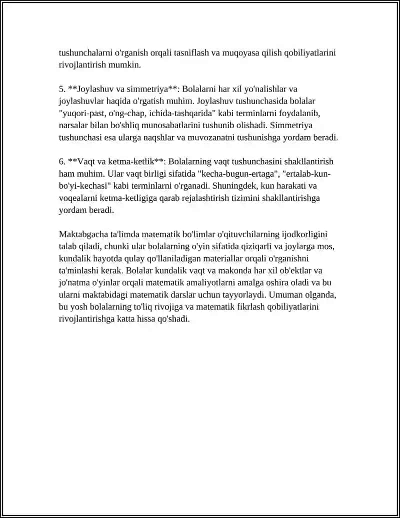 MAKTABGACHA TA’LIM TASHKILOTLARIDA MATEMATIK TUSHUNCHALARNI SHAKLLANTIRISH YUZASIDAN METODIK ISHLARNING MAZMUNI 4