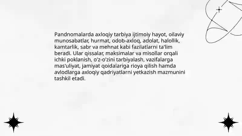 Qadimgi pandnomalarning ta'lim tarbiyaviy ahamiyati 4