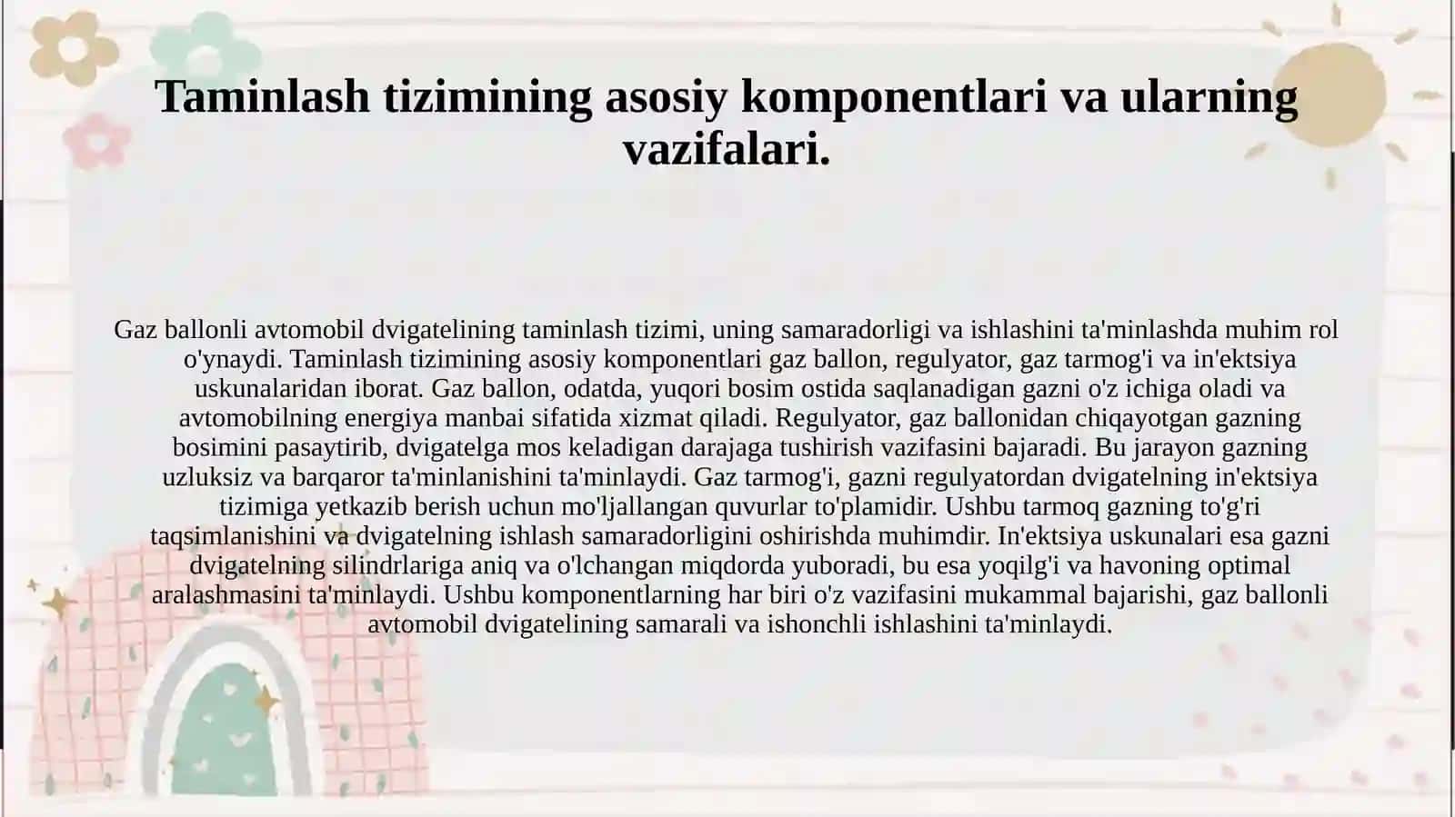 Gaz ballonli avtomobil dvigatelning taminlash tizimining vazifasi tuzilishi va ishlashi 4