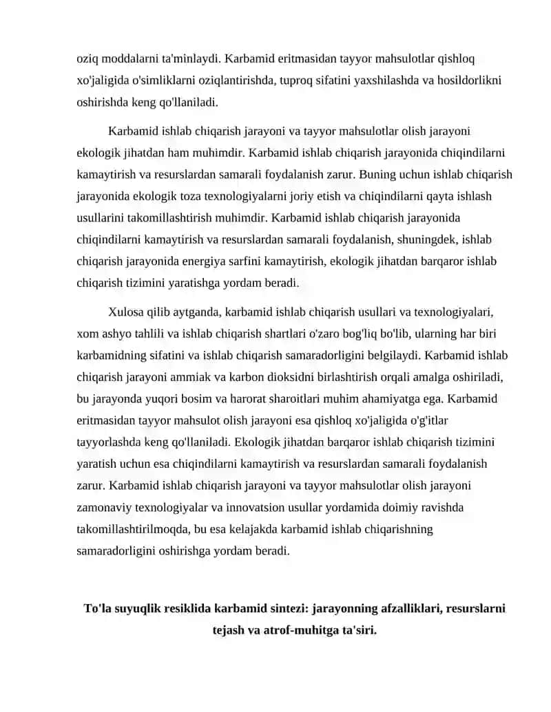 Karbamid ishlab chiqarish usullari. To'la suyuqlik resiklida karbamid sintezi. Karbamid eritmasidan tayyor mahsulot olish 4