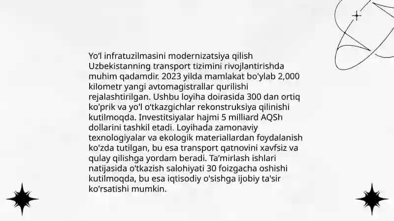 Oʻzbekiston Respublikasida avtomobillashtirish va yoʻl tarmoqlarining oʻsish koʻrsatkichlari 4