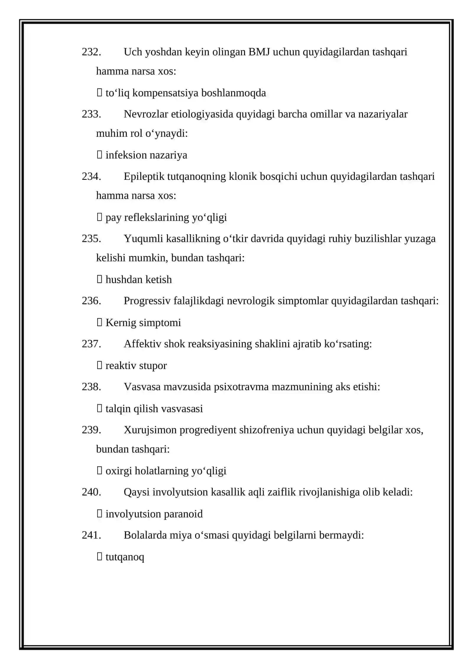 PSIXIATRIYA MUTAXASSISLIGI BOʻYICHA SHAKLLANTIRILGAN TEST SAVOLLARINING JAVOBLARI 4