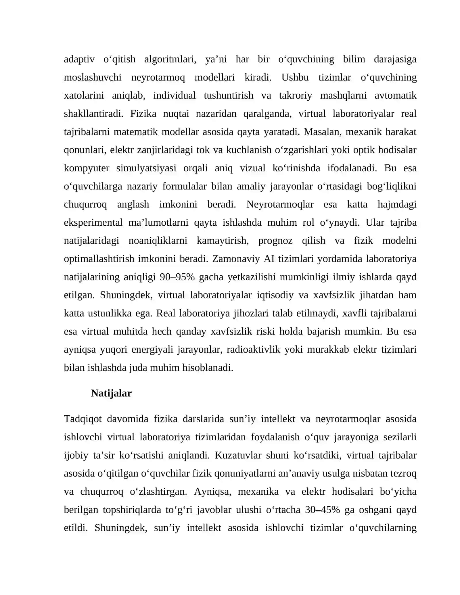 FIZIKA DARSLARIDA SUNʼIY INTELLEKT VA NEYROTARMOQLARDAN FOYDALANISH: VIRTUAL LABORATORIYA TAJRIBALARINI TAHLIL QILISH 4