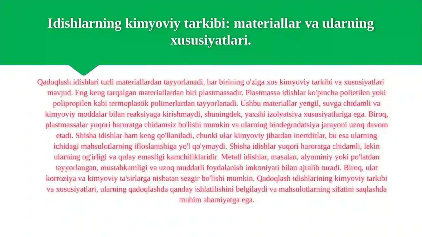 Qadoqlash idishlari va ularning turlari. Idishlarning kimyoviy tarkibi va xossalari. 4
