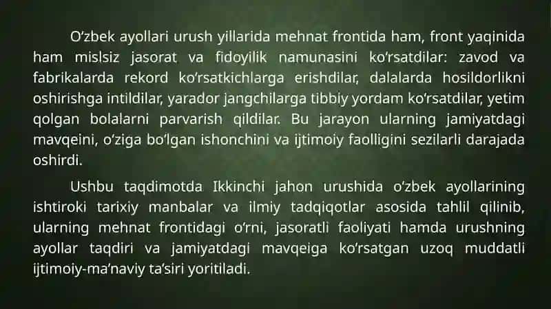 Ikkinchi jahon urushi da o'zbek ayollarining ishtiroki 4