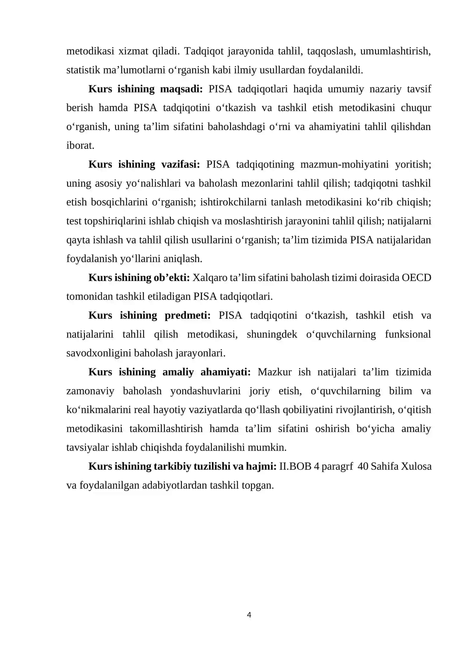 PISA TADQIQOTLARI HAQIDA UMUMIY TAVSIFLAR. PISA TADQIQOTINI O’TKAZISH VA TASHKIL ETISH METODIKASI 4