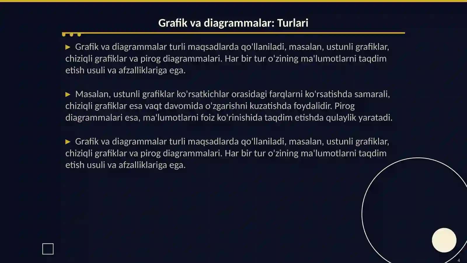 Ma'lumotlar va tahlil natijalarini garfik, jadval, diagramma usulida taqdim etish 4