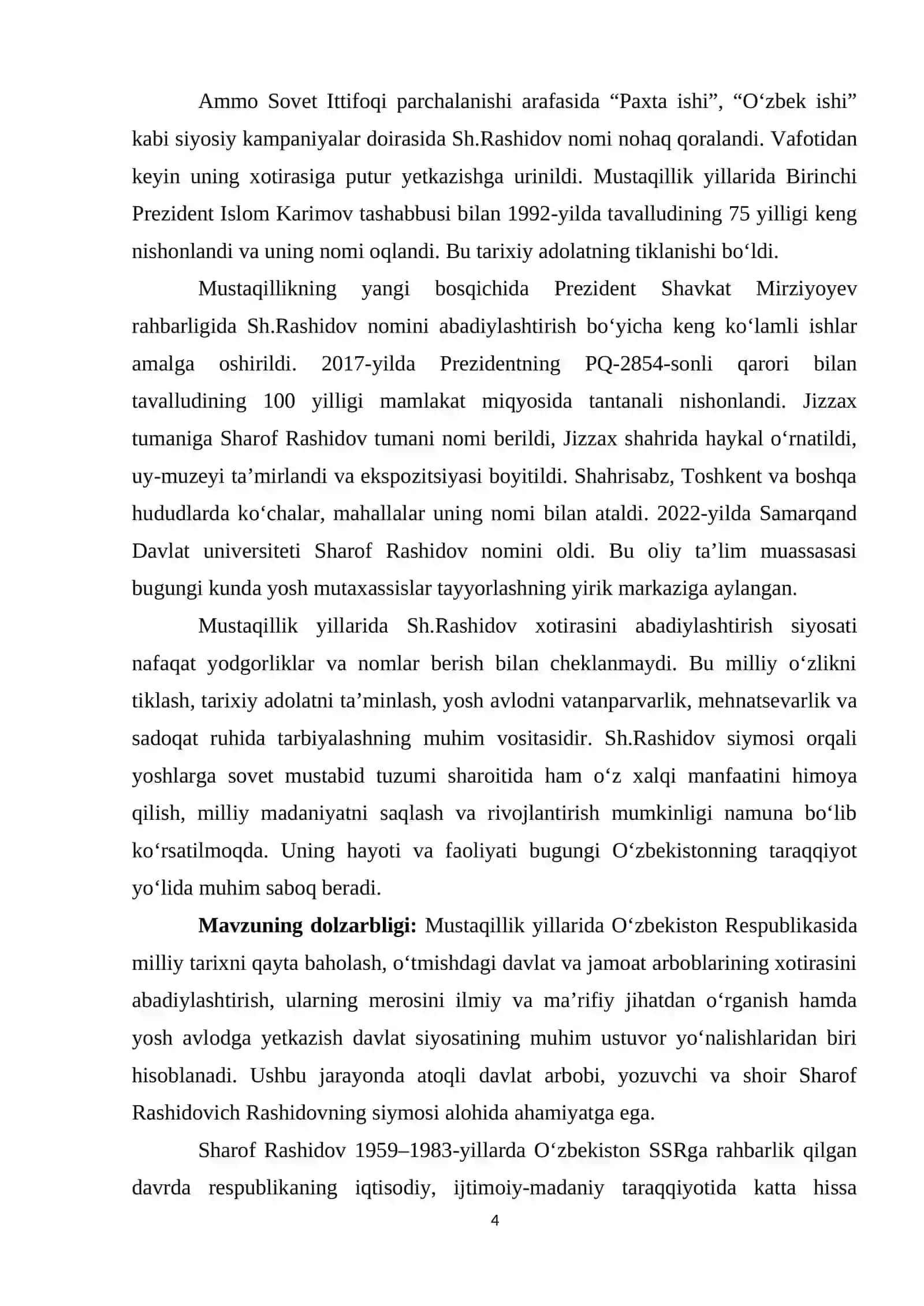 Mustaqillik yillarida O‘zbekistonda mashhur davlat arbobi Sh.Rashidovning nomini abadiylashtirish maqsadida amalga oshirilayotgan ishlar 4
