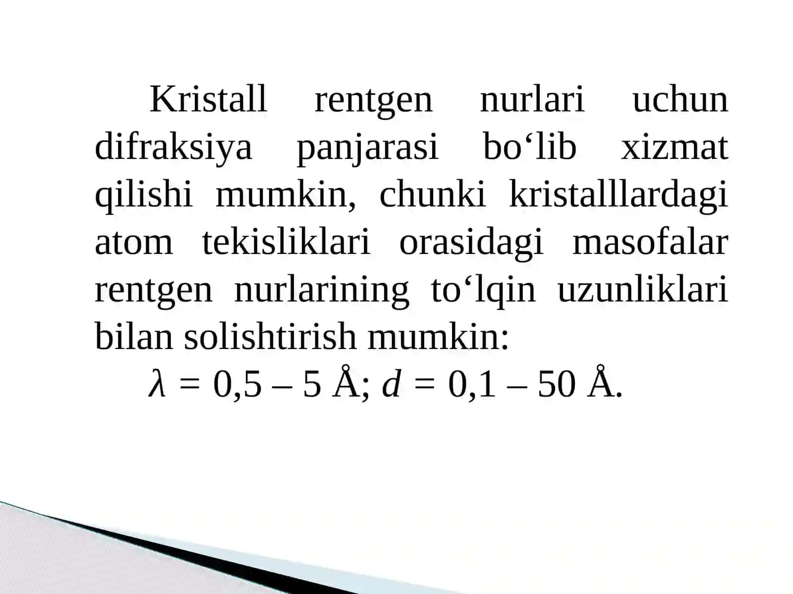 Kristallarning elementar katakchasi, nikorosatkichlarini difraktometrik aniqlash 4