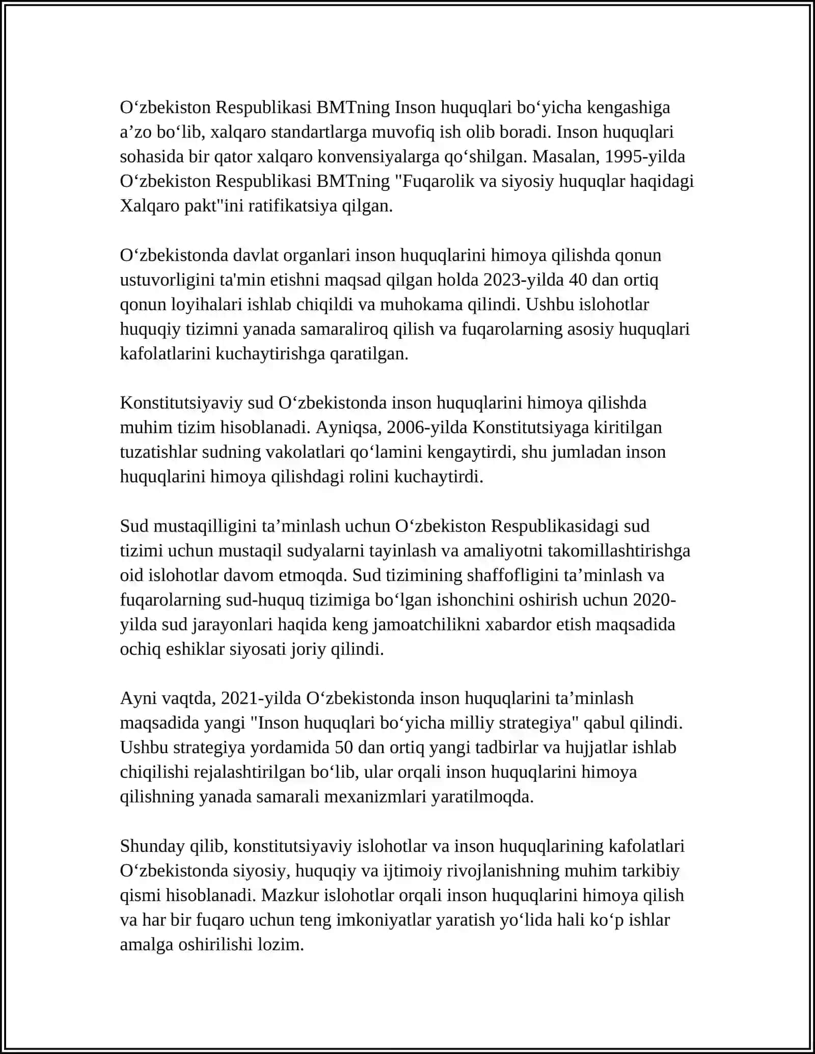 YANGI O‘ZBEKISTONDA INSON HAQ-HUQUQLARI VA ERKINLIKLARI KAFOLATINING YARATILISHI 4