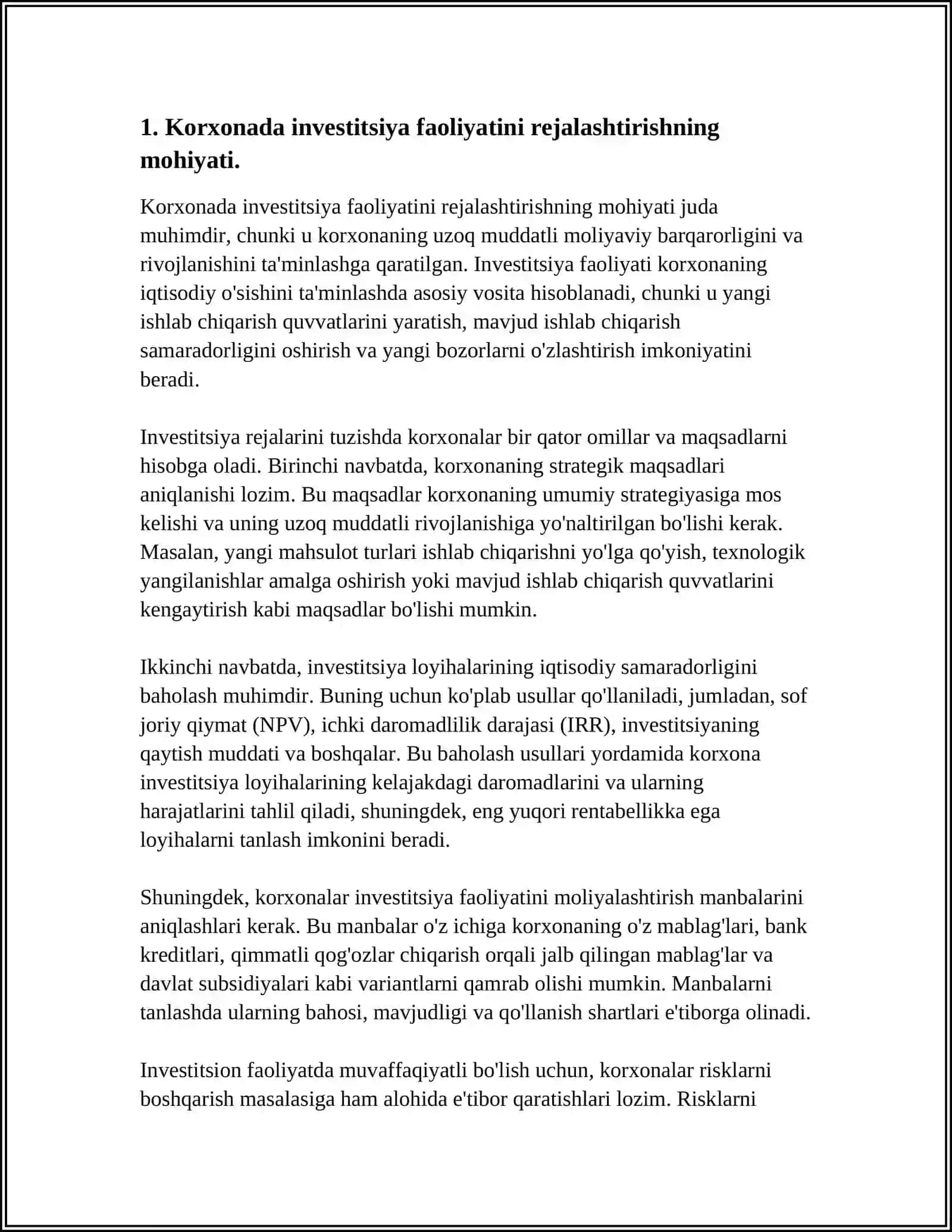 KORXONADA INVESTITSIYA FAOLIYATI BO'YICHA BUDJETLASHTIRISH 4