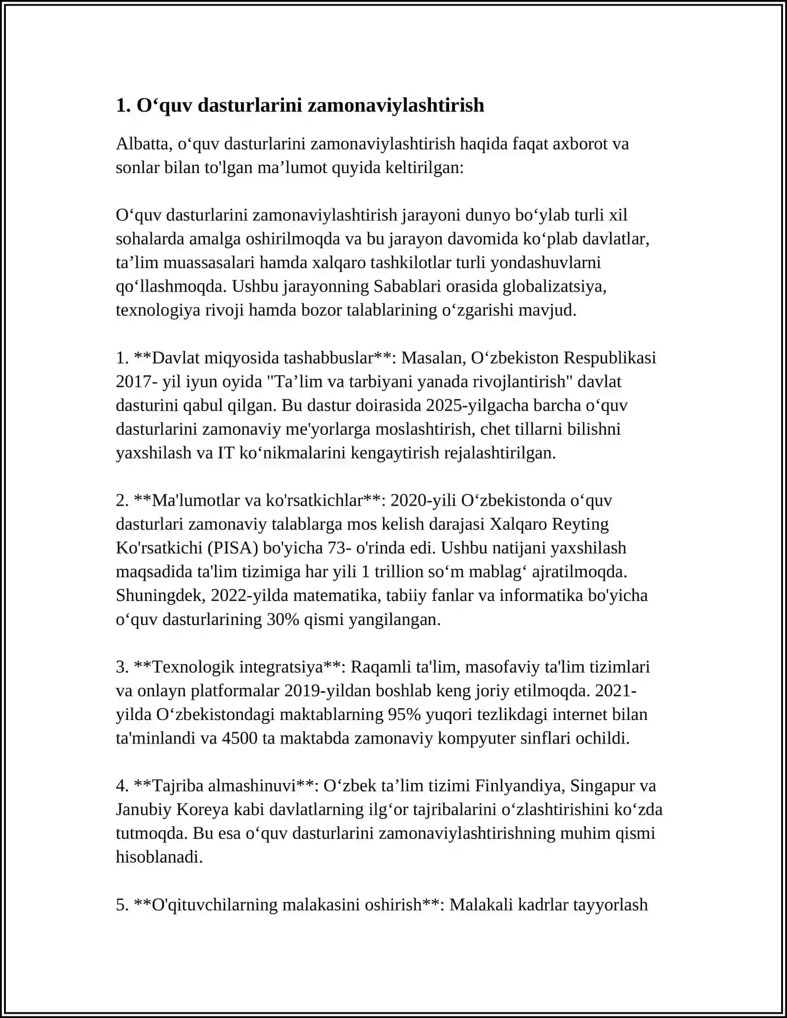 REFERAT: MAKTAB VA OLIYGOHDA SOFATLI BILIM OLISHDAN OʻQUVCHI VA TALABALARNING MANFAATDORLIGINI OSHIRISH UCHUN OQUV JARAYONI VA METODIKASINI O'ZGARTIRISH YOʻLLARI 4