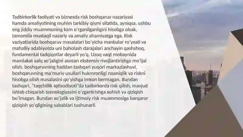 Kapital bozorlaridagi risk va daromad o'rtasidagi bog'liglik nazariyasi. 4