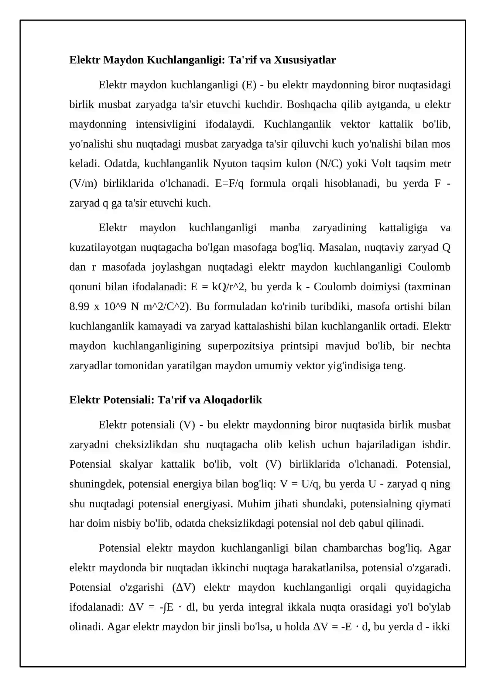 Elektr maydon kuchlanganligi va potensial: Asosiy tushunchalar 4