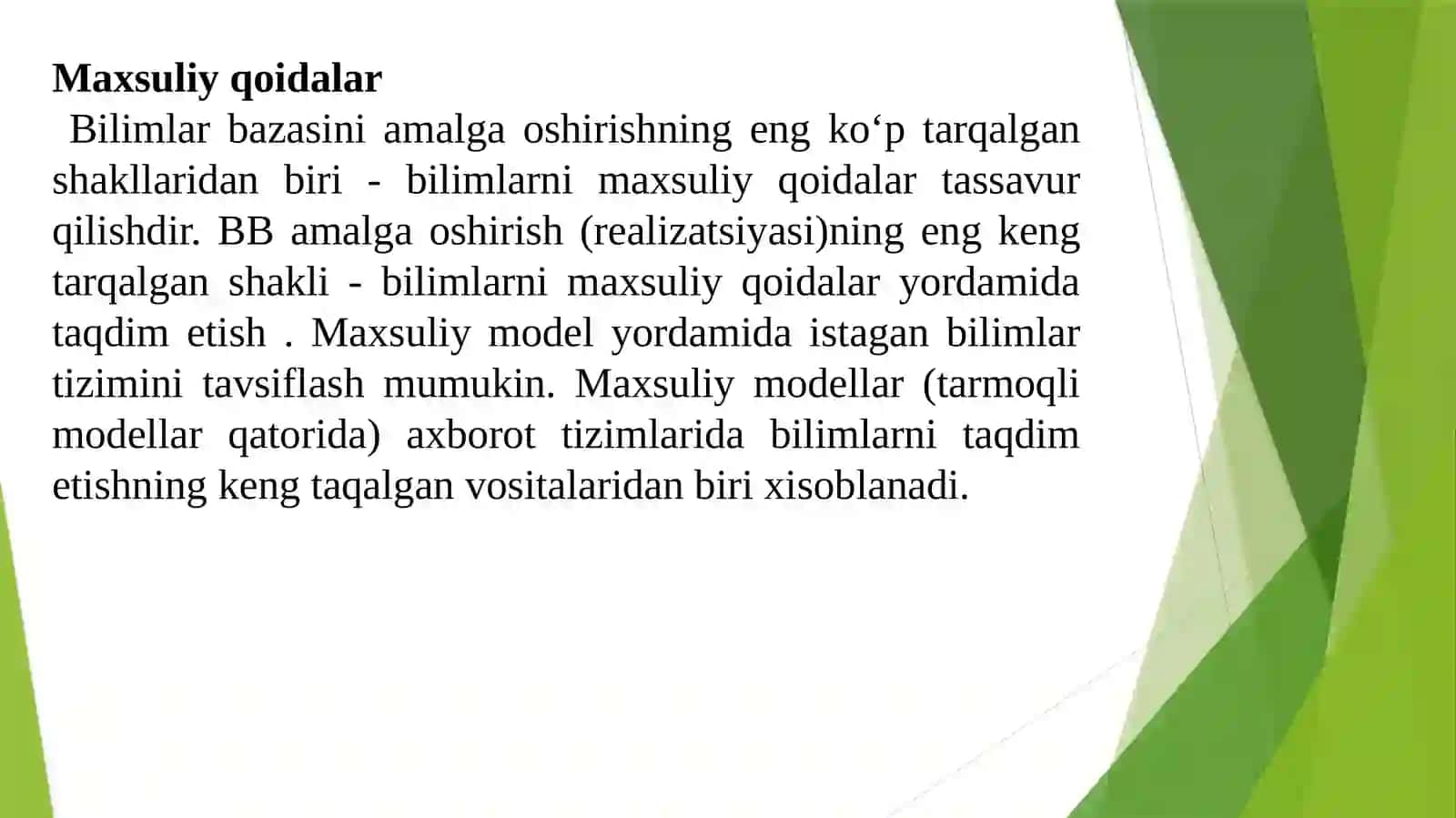 Bilimlarni taqdim etish modellari (maxsuliymodel) Bolisman moshinasi 4