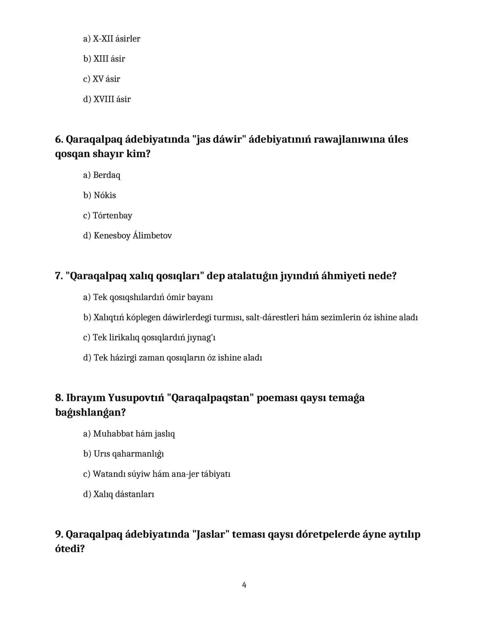 8-klass Adebiyat taza kitaptan 4-sherekte  òtilgen temalar boyınsha test dùziñ juwabı menen 4