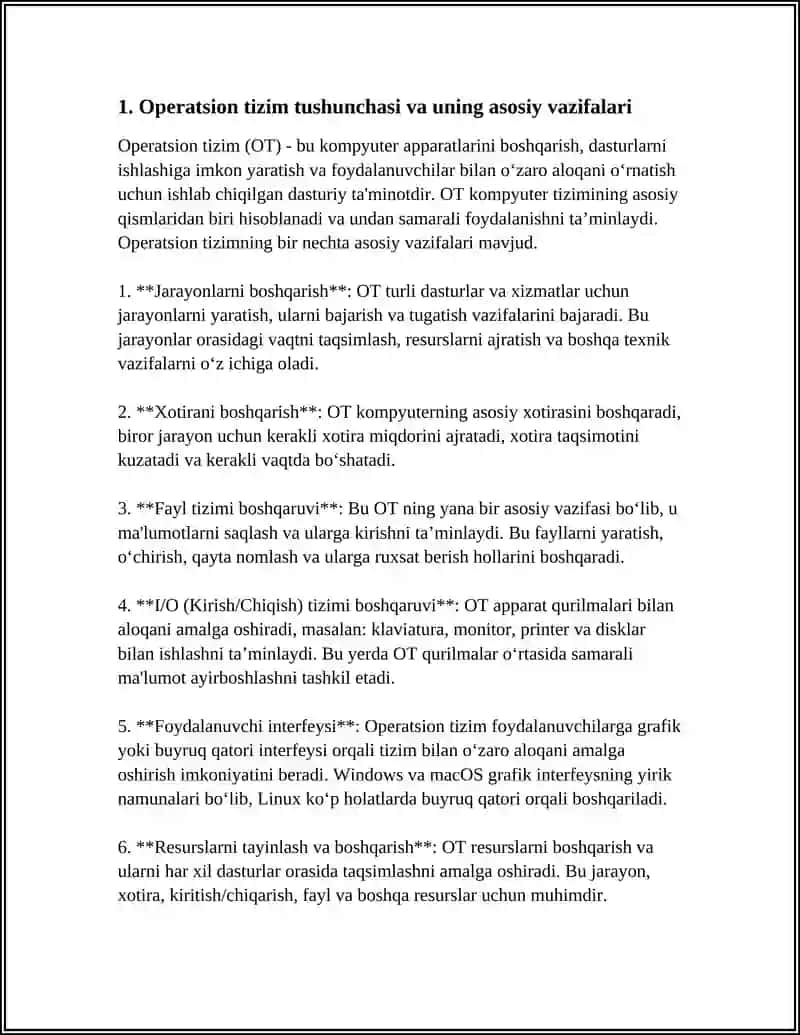 OPERATSION TIZIMLAR: OPERATSION TIZIMNING VAZIFALARI TURLARI (WINDOWS,LINUX,MACOS) VA ULARNING PRINSIPILARI 4