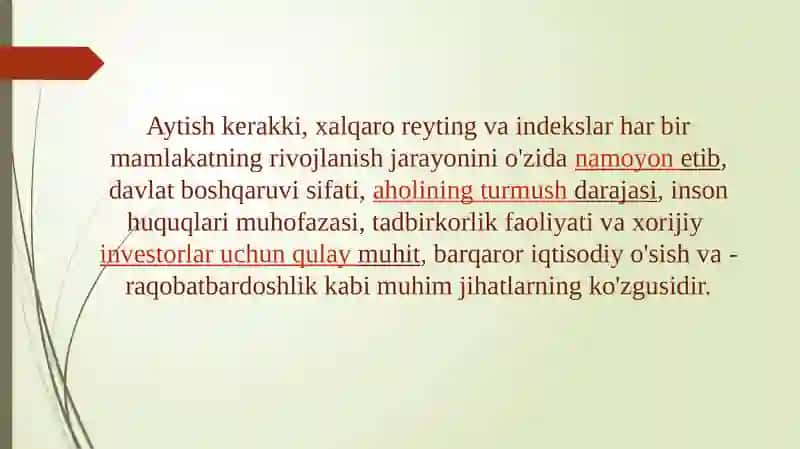 SİYOSIY- HUQUQIY SOHADAGI USTUVOR XALQARO REYTINGLAR VA ULARGA O'ZBEKISTONNING INTEGRATSIYALASHUVI 4