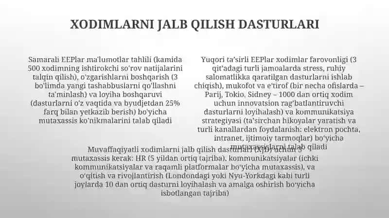 Mutaxassislarga qoyilgan asosiy talablar va ular bilan korxonaning taminlanganligi 4