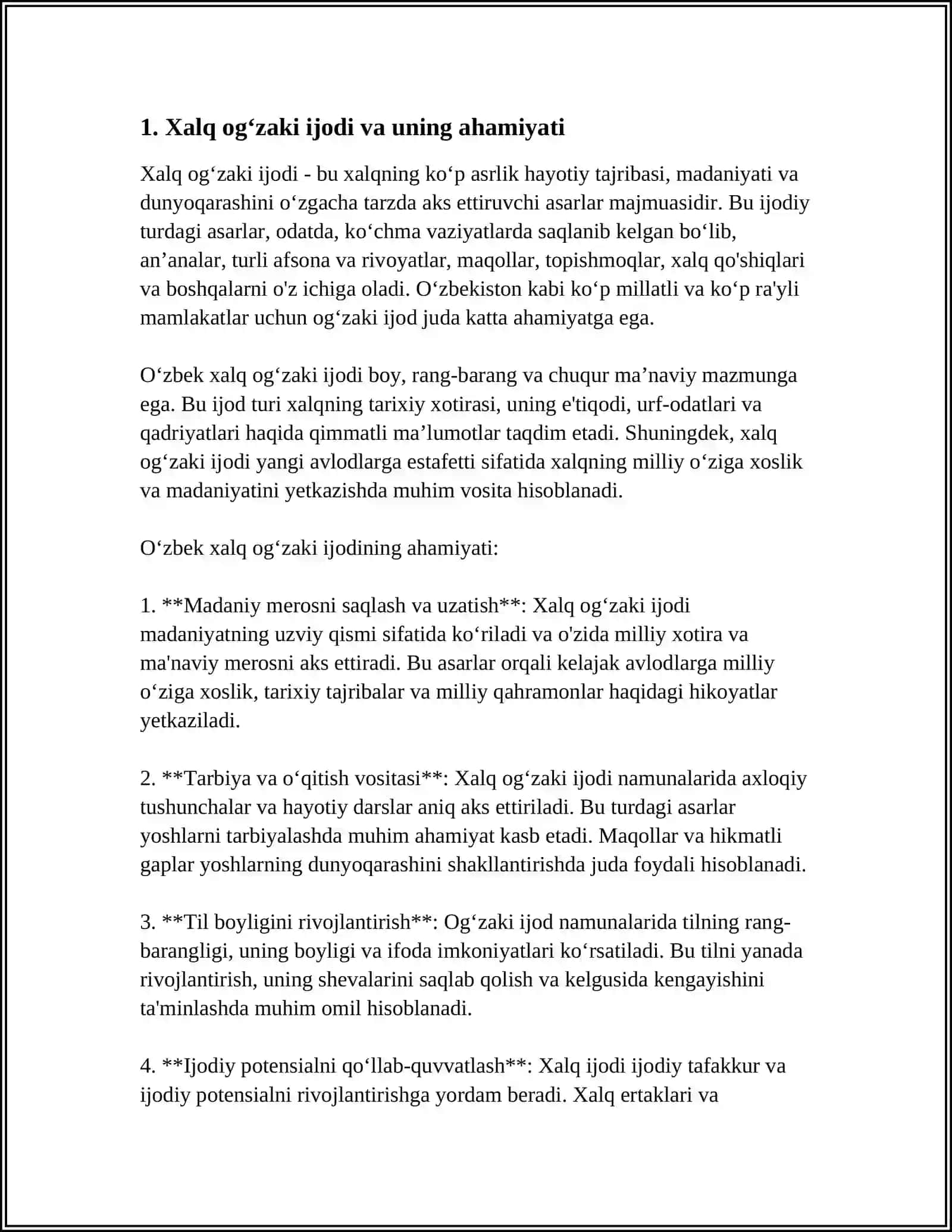 XALQ OGʻZAKI IJODI XALQ QADRIYATLARINING TARKIBIY QISMI SIFATIDA. JANGOVAR OT OBRAZINING TARIXIY ASOSLARI VA BADIIY TALQINI. ERTAKLARDA QOʻSHALOQLASHTIRISH USULI 4