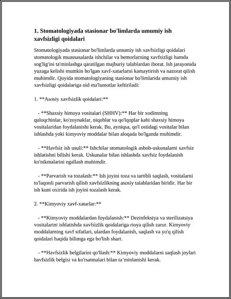 STOMOTOLOGIYADA ISH XAVFSIZLIGI. STASIONAR BO'LIMLARDA ISH XAVFSIZLIGI 4