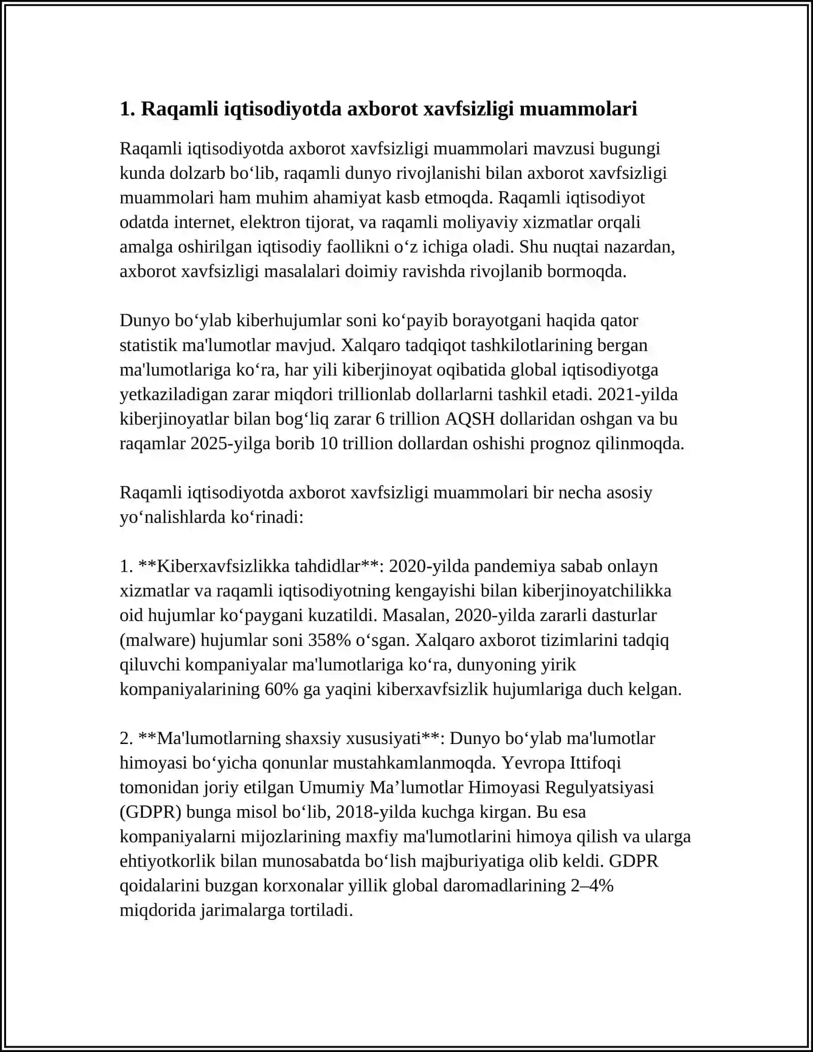 RAQAMLI IQTISODIYOTDA AXBOROT VA IQTISODIY XAVFSIZLIK MUAMMOSI RAQAMLI IQTISODIYOT UCHUN YANGI BOZORLARNI SHAKLLANTIRISH 4